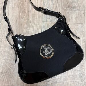 Roccobarocco Black Patent Leather Nylon Shoulder Bag
